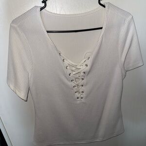 White Lace-Up Ribbed Top